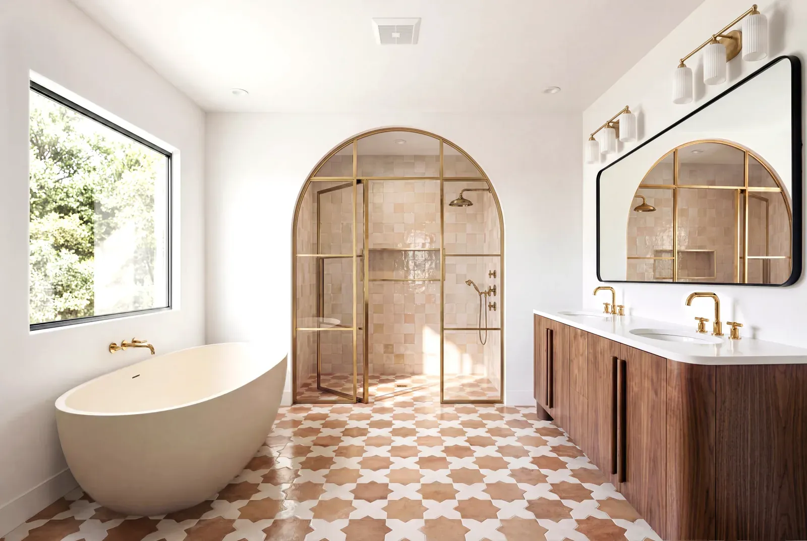 Bathroom remodel in Barton Hills, Austin, TX with an arched brass shower and checkerboard floor