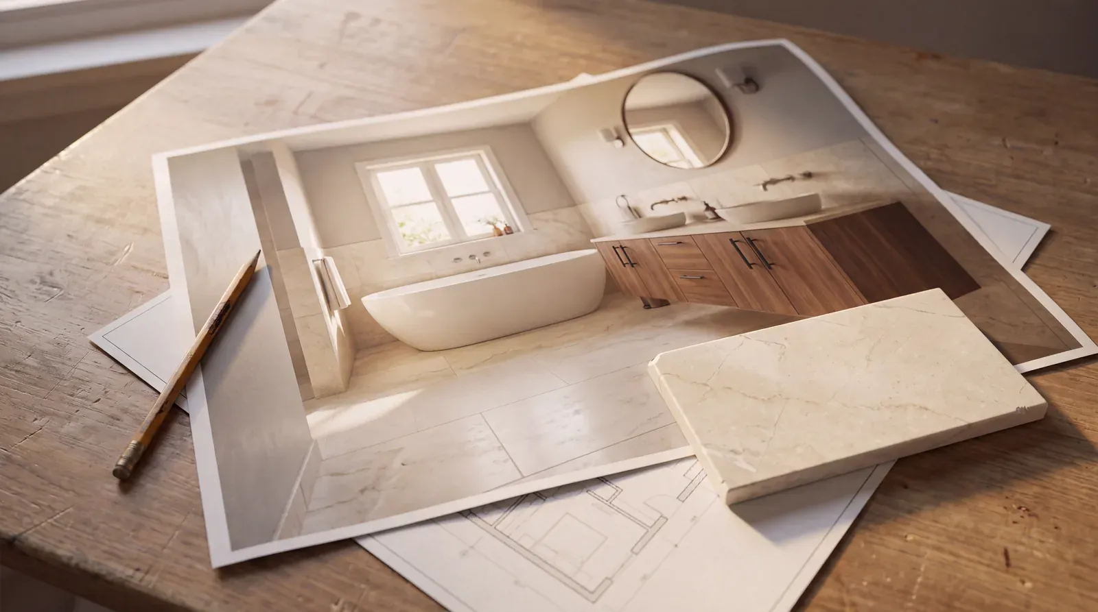 Printed design phase 3D rendering of a bathroom on a work table with floor plans and a stone sample
