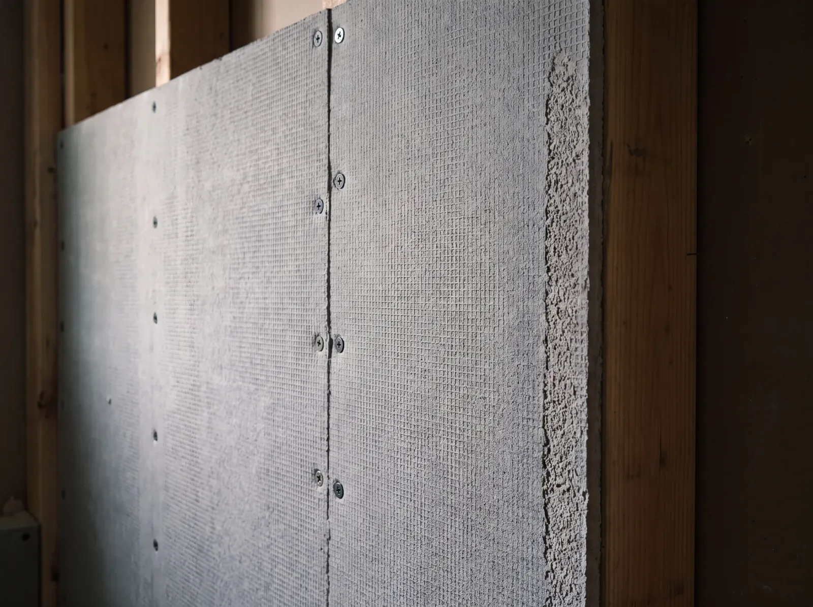 Cement board panel installed on studs, mesh face and corrosion-resistant screws visible