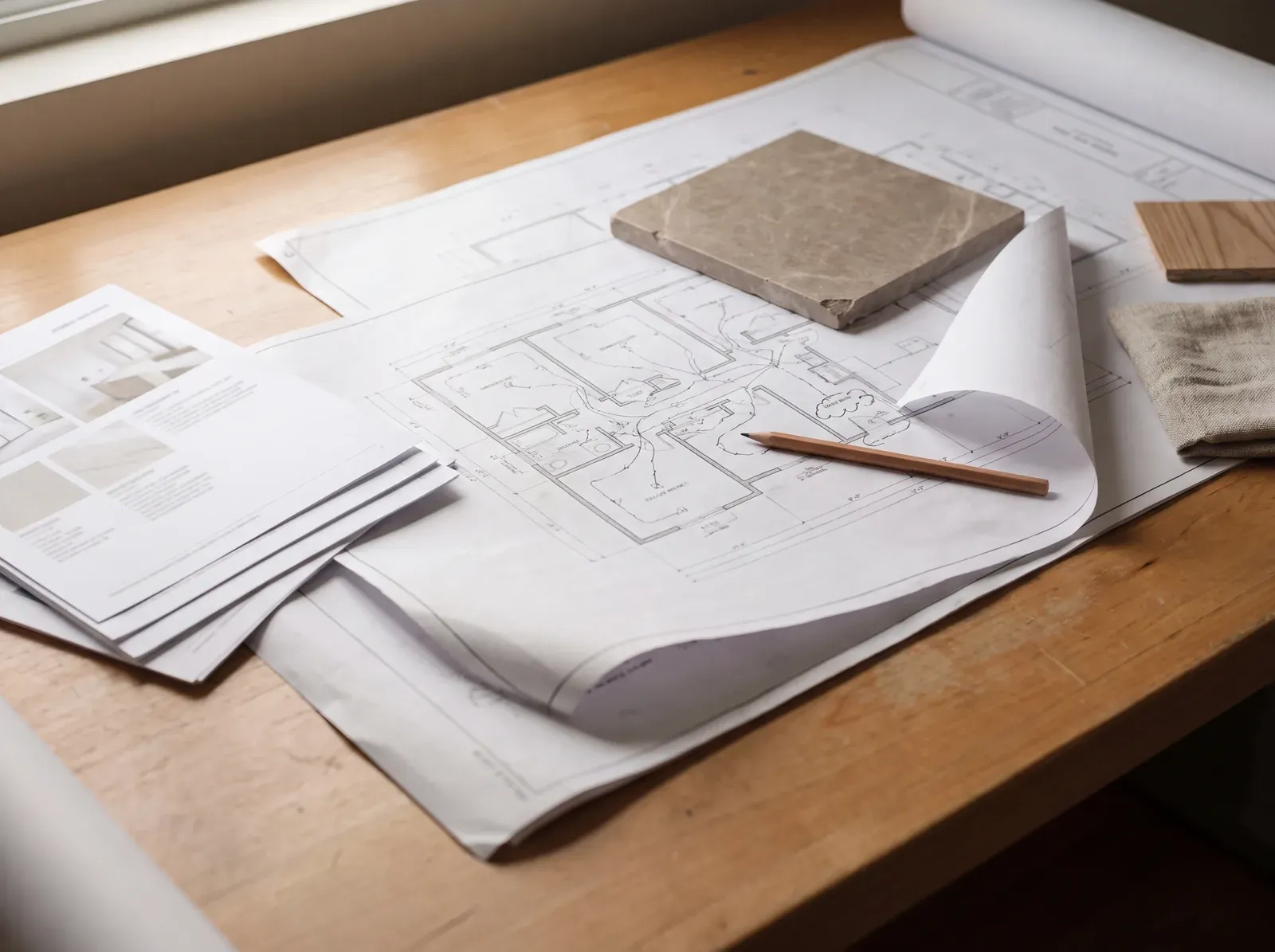 Architectural plans and material specification sheets on a desk with stone and wood samples