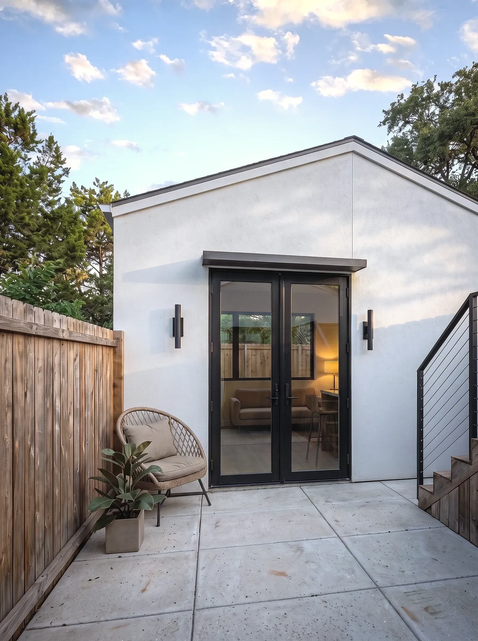 Backyard ADU with black-framed glass doors opening onto a concrete patio