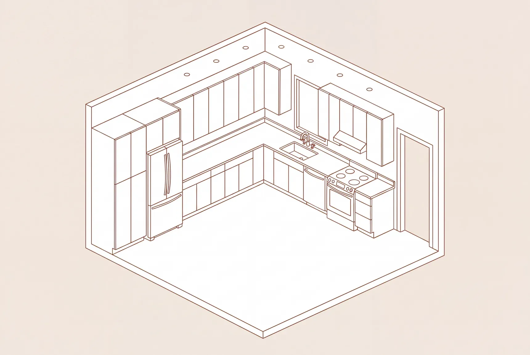 Isometric cutaway illustration of a closed L-shaped kitchen with all walls intact, flat-front cabinets, a pantry and fridge block, and no island