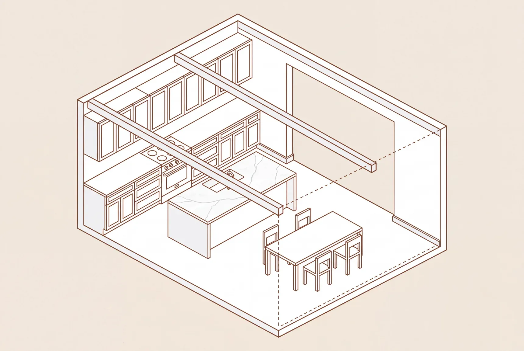 Isometric cutaway illustration of a kitchen opened to a dining table, with a center island under two exposed ceiling beams and one wall shown removed