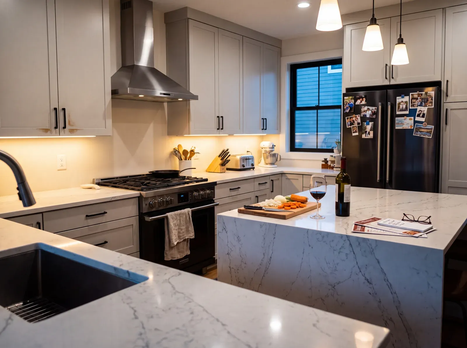 Lived-in kitchen three months after completion, dinner prep on the quartz island