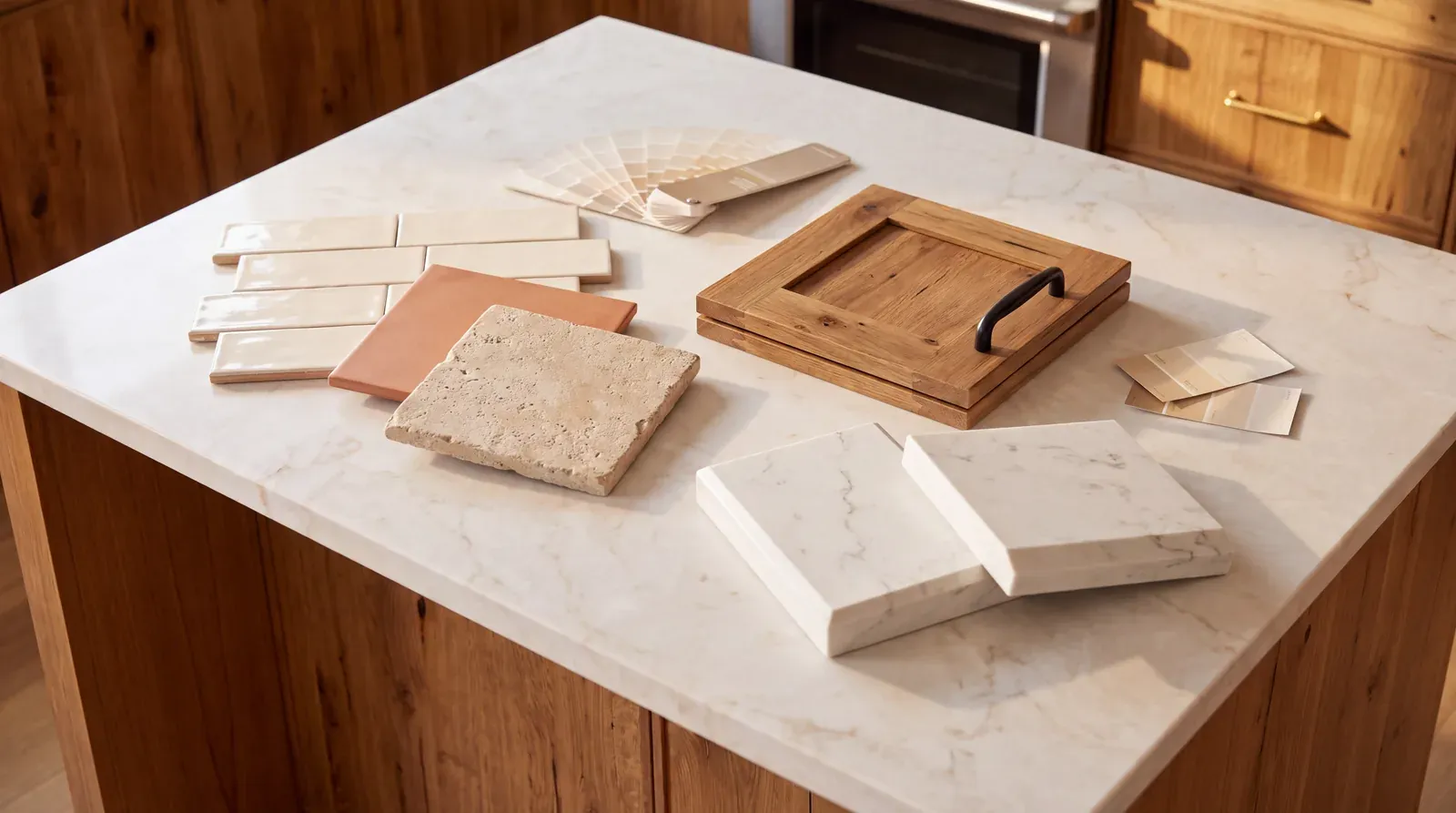 Tile, stone, and cabinet door samples spread across a kitchen counter