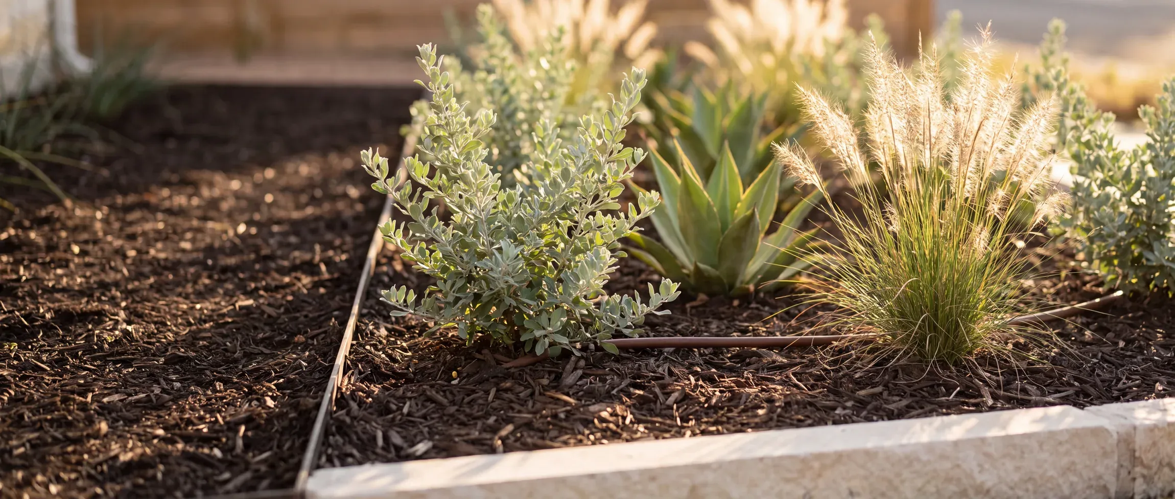 A native planting bed in fresh mulch with agave, silver-leaved shrubs, and ornamental grasses on a drip line, edged in limestone