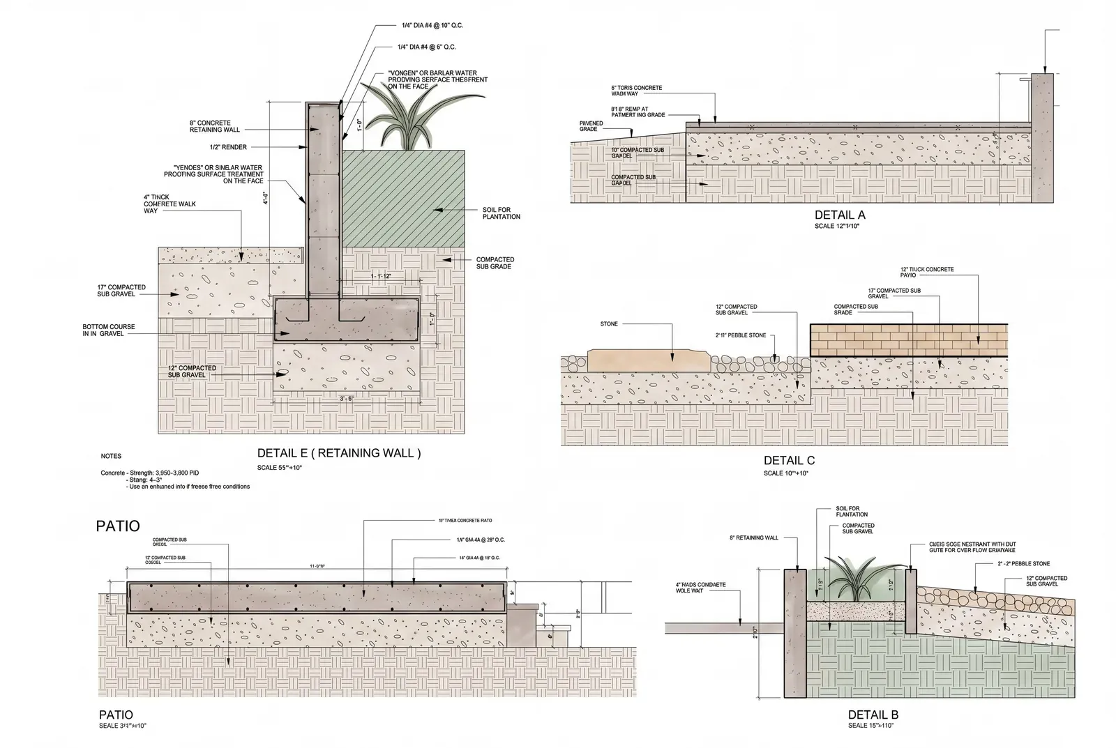 Permit sheet three: retaining wall engineering detail showing footings and reinforcement