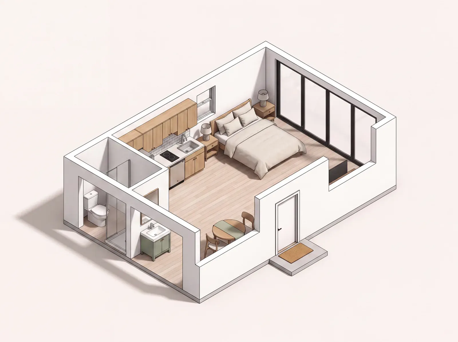 Rendering of a converted garage as a rental ADU with a compact kitchen, dining table, and separate entry