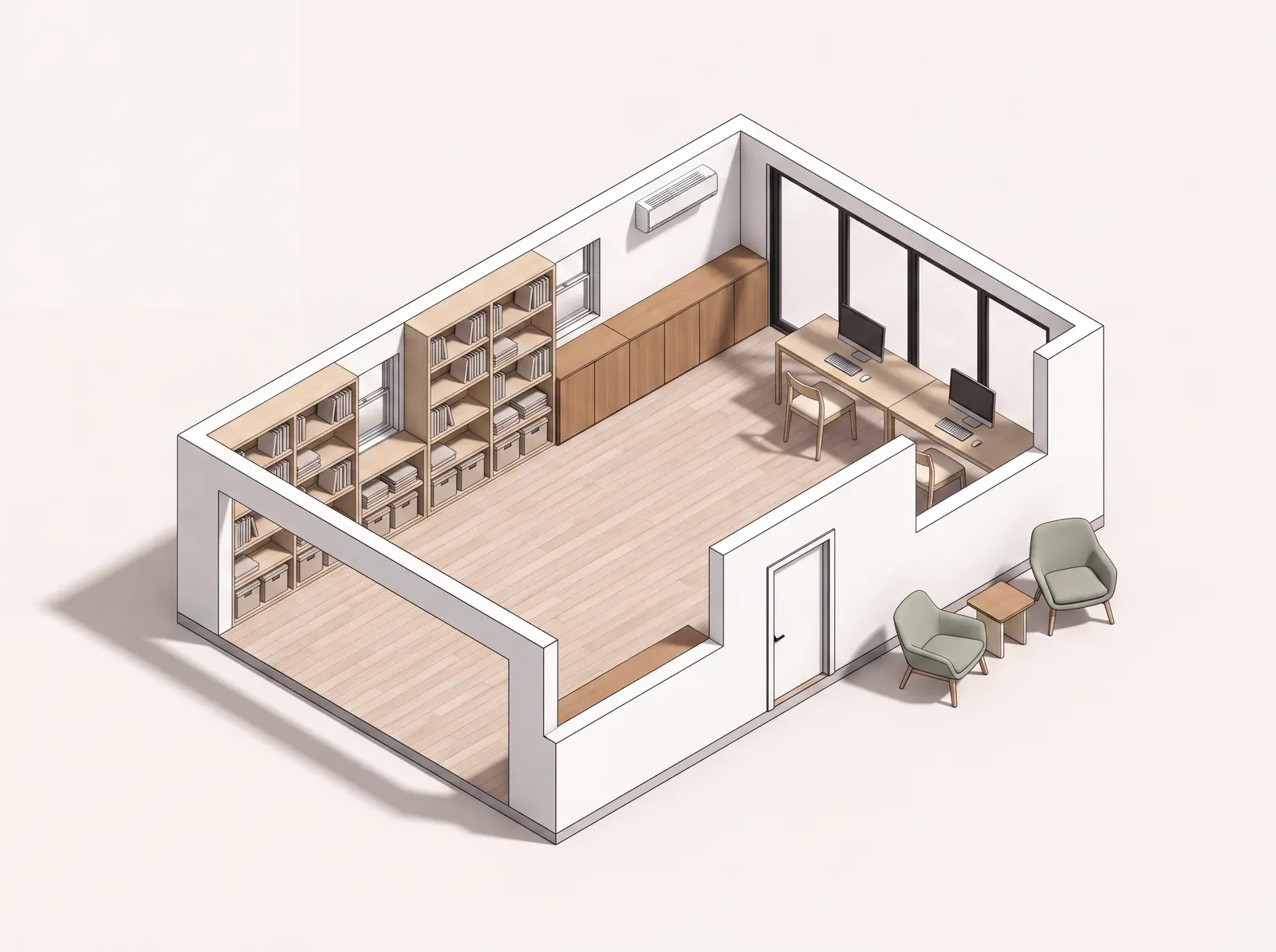 Rendering of a converted garage set up as a studio office with a desk, shelving, and a glazed wall