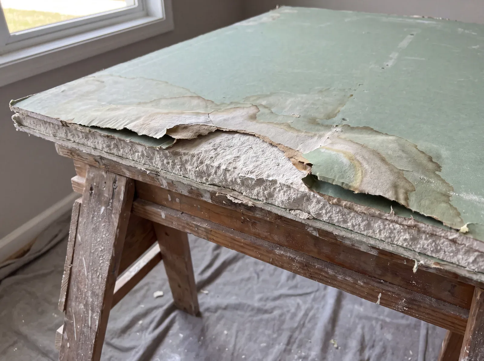 Water-damaged greenboard pulled during demo, softened core and paper facing separating