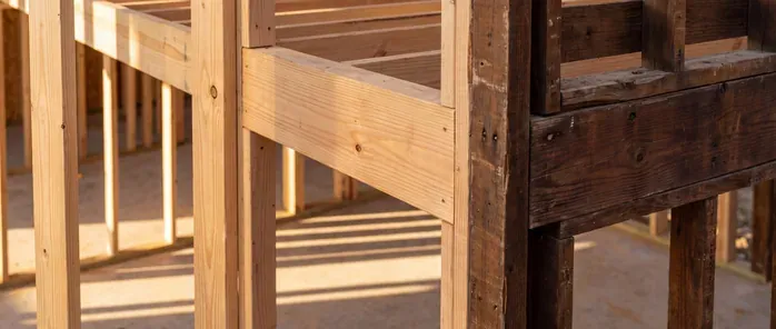New pale stud framing and a beam meeting an older dark weathered timber post and header at the tie-in