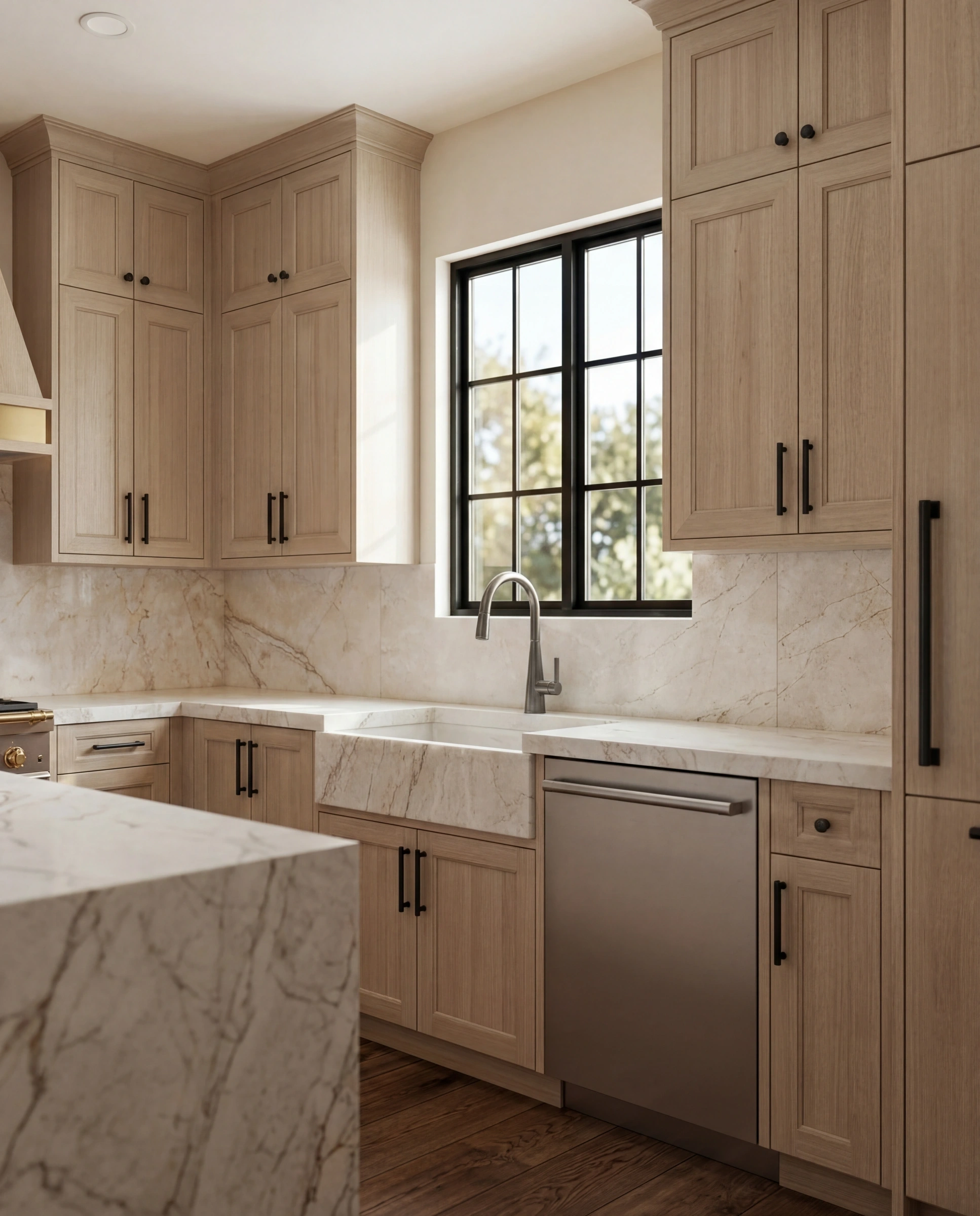 Hyde Park kitchen with Shaker cabinetry, a plaster hood and a marble island