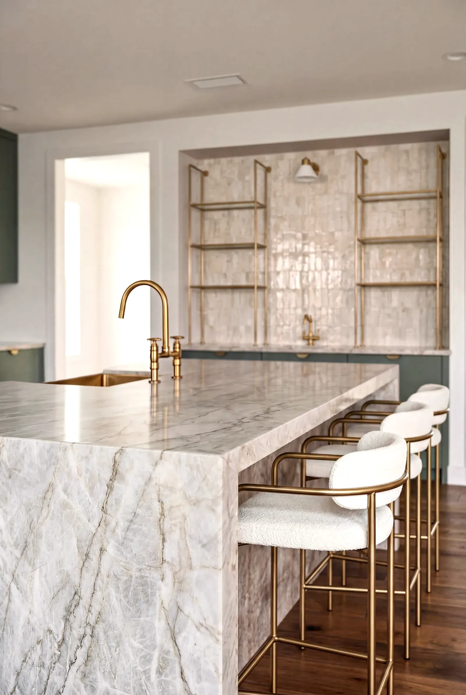 Kitchen remodel in Austin, TX with a waterfall stone island and brass fixtures