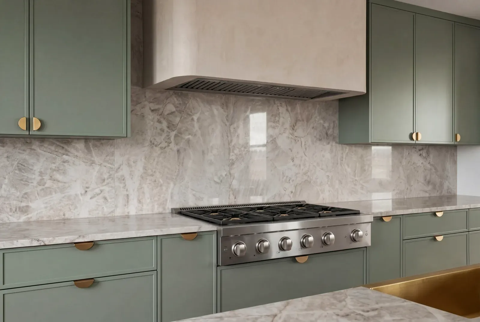 Semi-custom sage green cabinetry with brass hardware in a Barton Creek kitchen