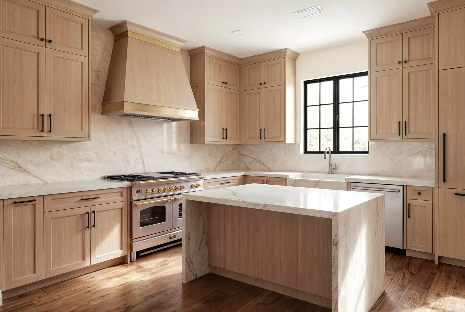 Kitchen remodel in Travis Heights, Austin, TX with white oak cabinetry and a marble backsplash