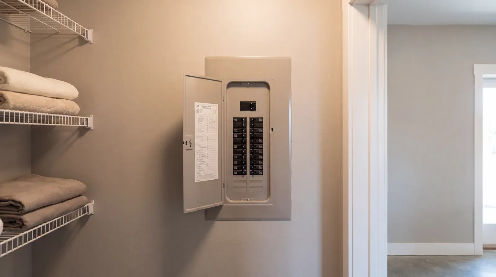 Clean, organized electrical panel in a utility closet, away from sleeping areas