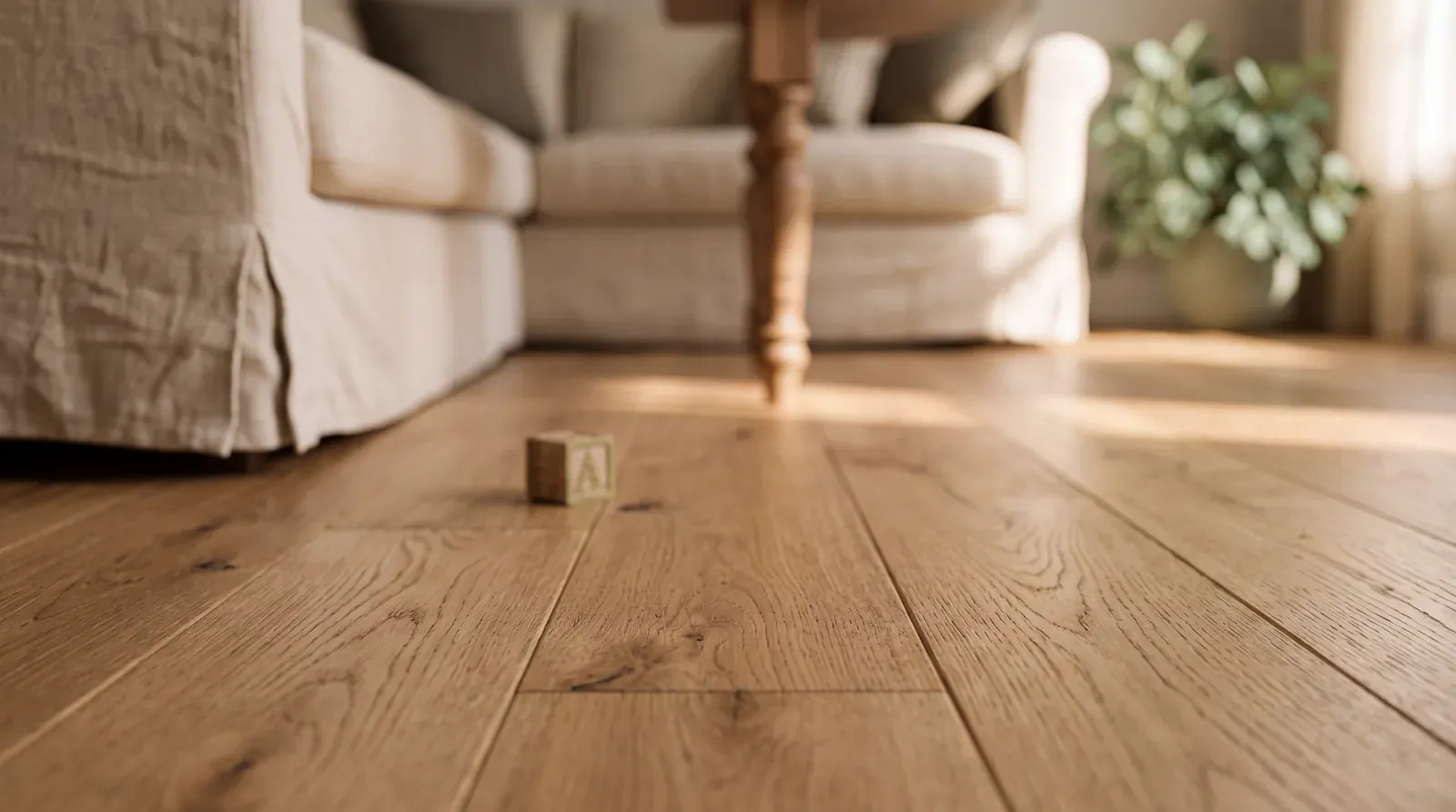 Floor-level view of oak hardwood in a living room, wooden toy block in focus, sofa soft behind