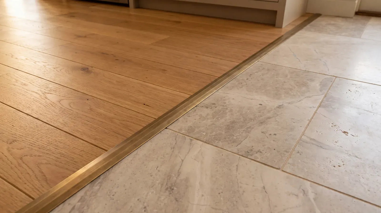 Oak hardwood kitchen floor meeting stone tile at a brass threshold transition
