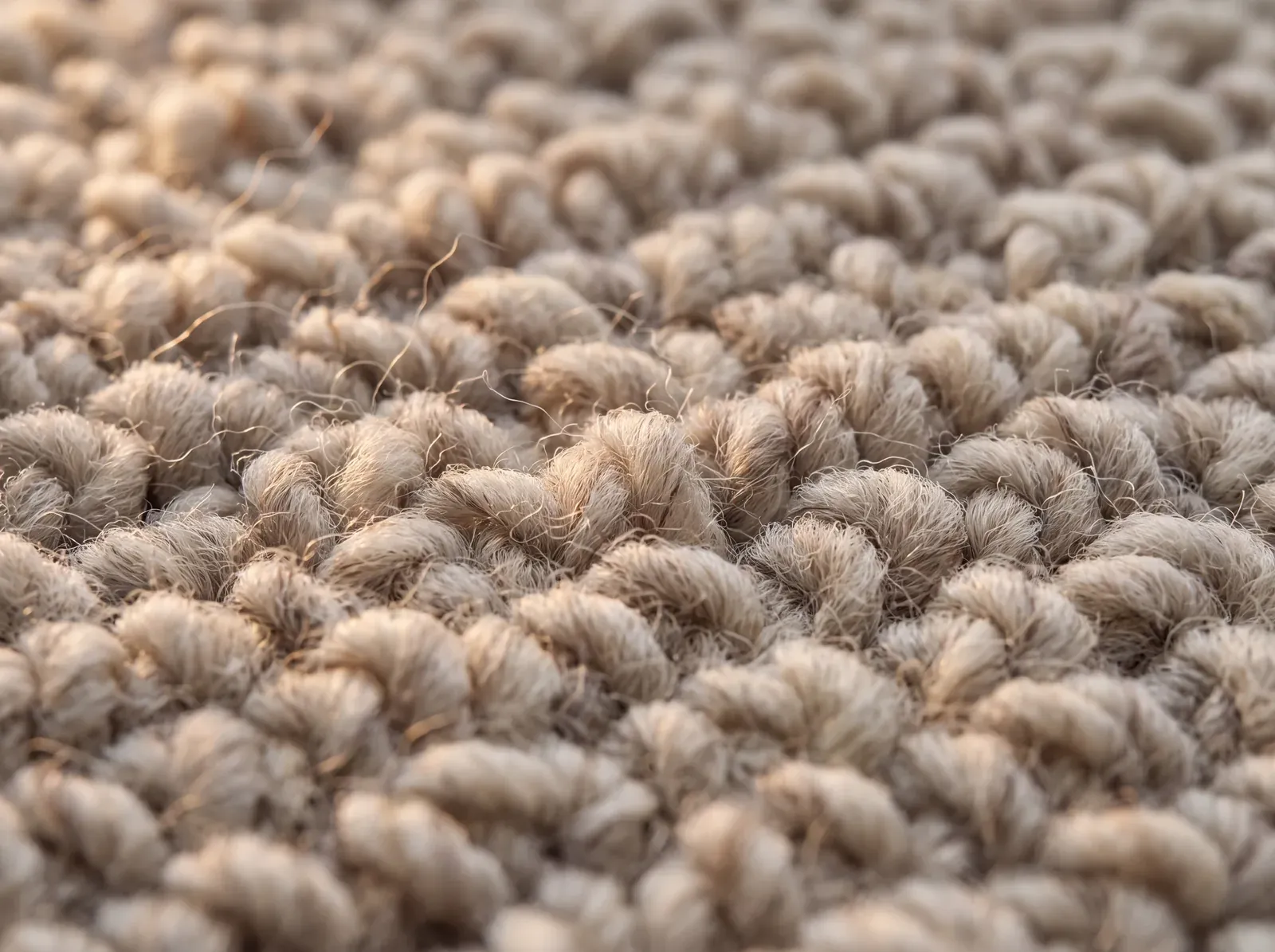 Close-up of natural wool carpet weave in oatmeal tones with warm side-light