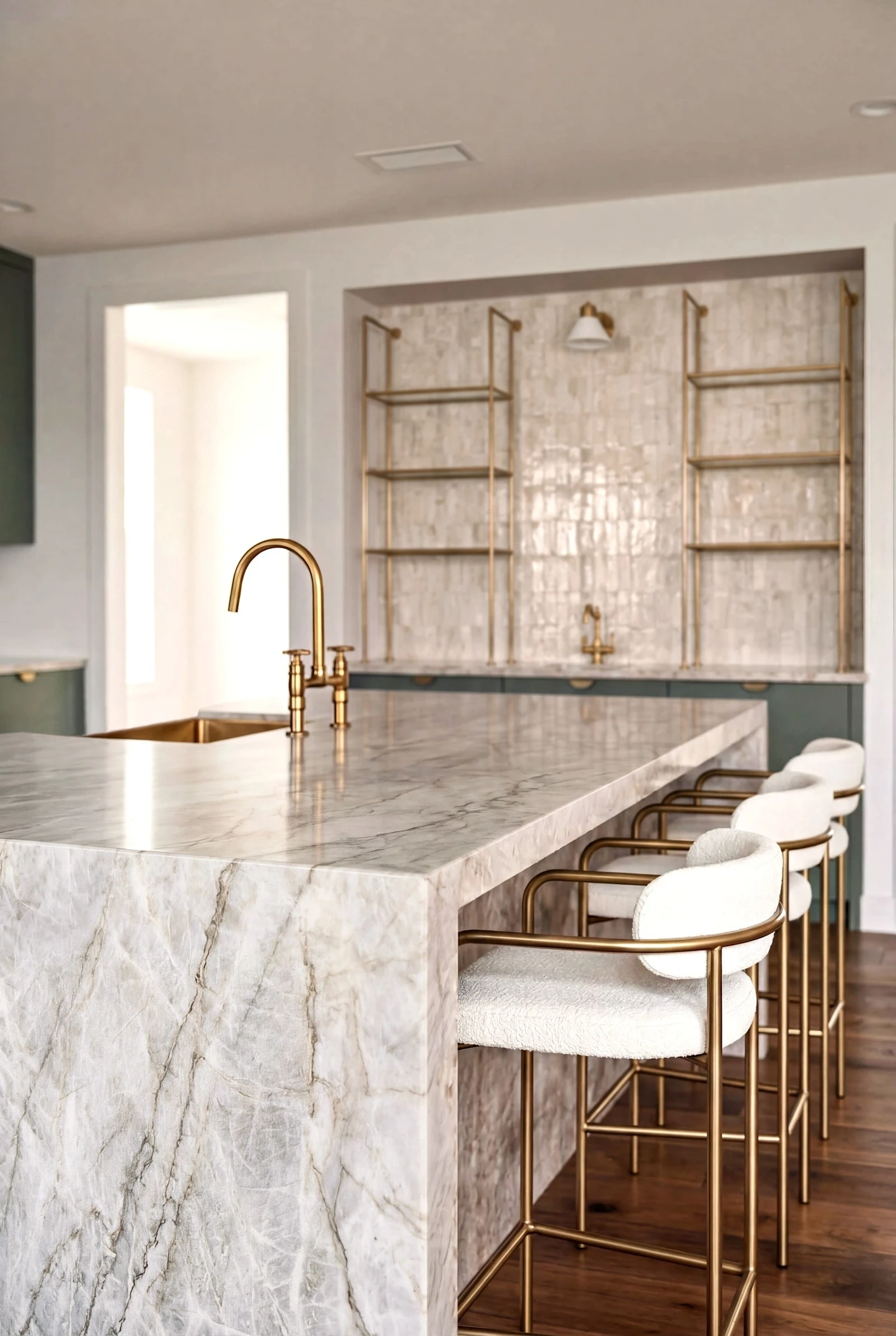 Sage kitchen under Taj Mahal quartzite in a Westlake Hills whole-home remodel