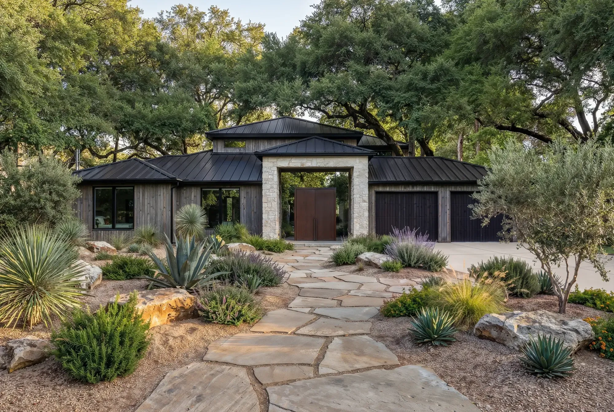 After: Barton Hills exterior with weathered wood, steel, and native landscaping