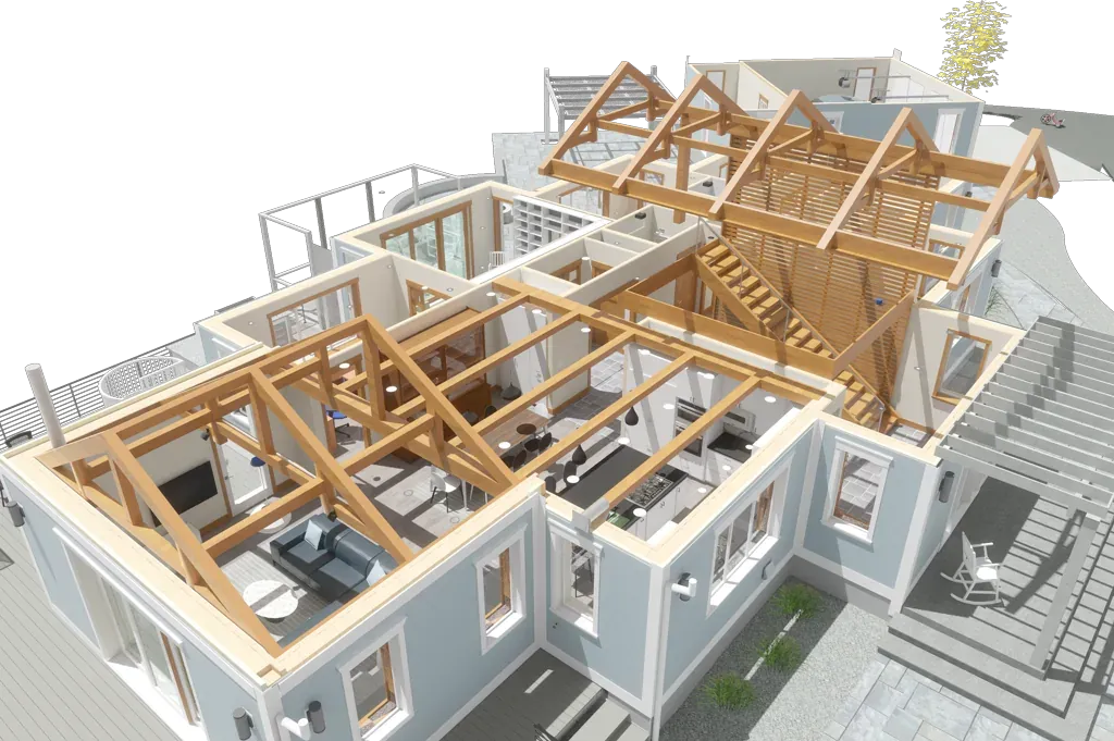 Three-dimensional dollhouse model of an Austin whole-home remodel, roof removed to show every room at once