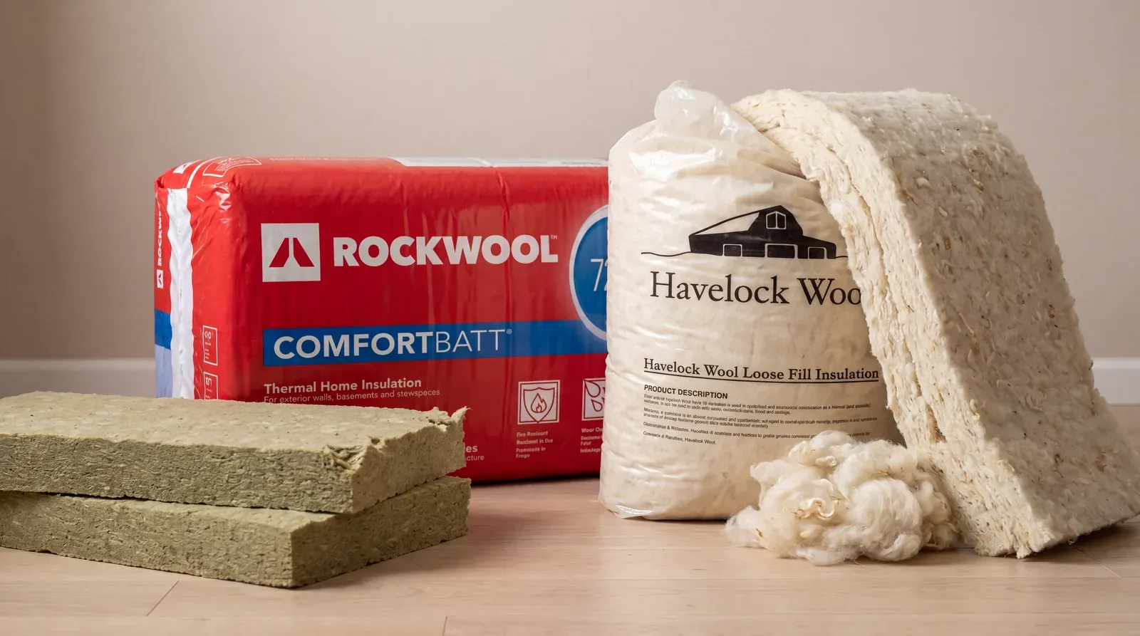 Rockwool ComfortBatt mineral wool batts and a bag of Havelock Wool loose fill insulation side by side